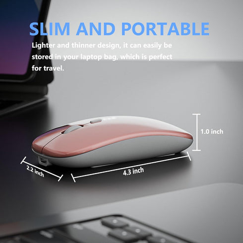 Slim Rechargeable Wireless Silent Mouse, 2.4G Wireless & Bluetooth Technology for Laptop/PC/Mac/iPad (Rose Gold)