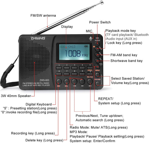 ZHIWHIS Portable Bluetooth Radio, Rechargeable Digital Recorder, FM AM Shortwave, Stereo MP3 Player with Lyric Display