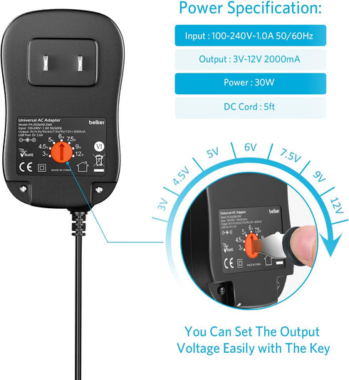 Belker 30W Universal 3V 4.5V 5V 6V 7.5V 9V 12V AC DC Adapter Power Supply for LED Light Strip Router Speaker Smart Phone Tablet CCTV IP Camera TV Box 0.5A 1A 1.5A 2A 2000mA Amp - with 5V 2A USB