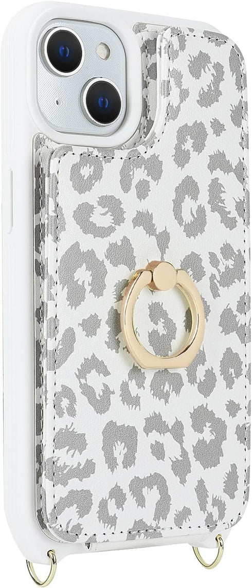 iPhone 15 Case with Card Holder and Strap for Women, Crossbody Lanyard, Ring Stand, Cute Phone Wallet Cases 6.1 inch -