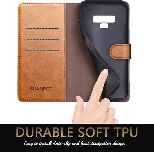SUANPOT Galaxy Note 9 Leather Flip Folio RFID Wallet Case, Credit Card Holder for Men & Women, Light Brown