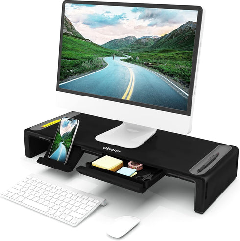 OImaster Foldable Computer Monitor Stand Riser, Adjustable Length with Storage Drawer & Pen Slot, Black