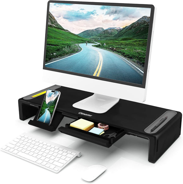 OImaster Foldable Computer Monitor Stand Riser, Adjustable Length with Storage Drawer & Pen Slot, Black