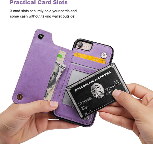 Vaburs Wallet Case for iPhone SE(2022) 5G/SE(2020)/7/8 - Embossed Butterfly PU Leather Flip Cover (Purple)