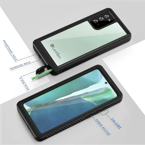 Lanhiem Galaxy Note 20 Case, Built-in Screen Protector, Waterproof Dustproof Heavy Duty Cover (Black/Clear)