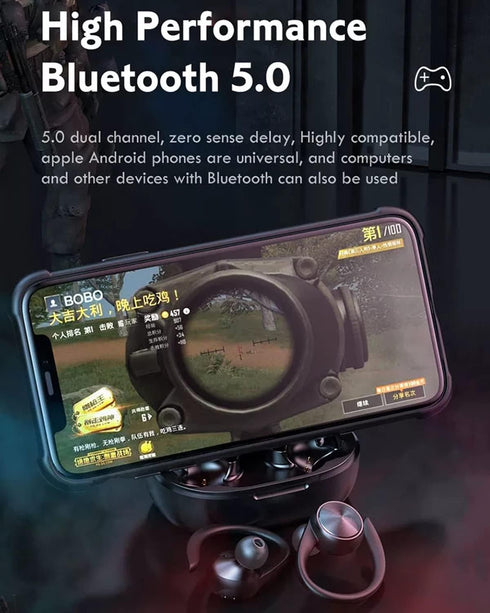 Wireless Earbuds with Earhooks, Bluetooth Sport Waterproof Headphones with Noise Cancelling and Microphone