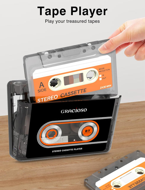 Gracioso Cassette 1100mAH Cassette Cassette Bluetooth Tape Player with Rechargeable Battery, Compact Vintage Player