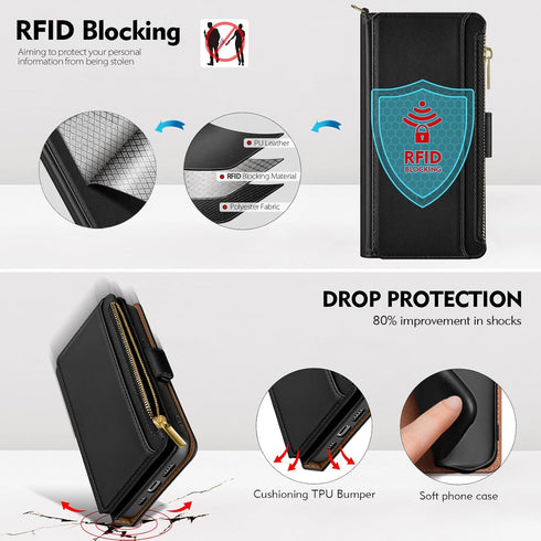 Antsturdy 15 15 6.1",(Black) Compatible with iPhone Wallet Case Card HolderRFID Blocking PU Leather Phone Case Women