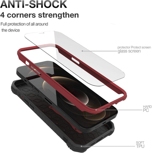 DUOPAL iPhone 12 Case, Military Grade Protection Shockproof with Tempered Glass HD Screen Protector, Red