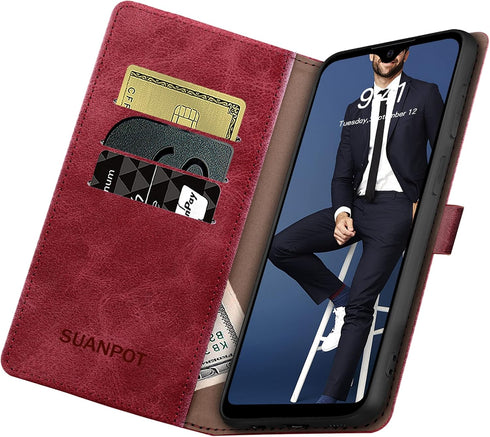 SUANPOT RFID Blocking Leather Wallet Case for Samsung Galaxy A02S, Flip Folio Book Phone Case, Shockproof Cover for Men