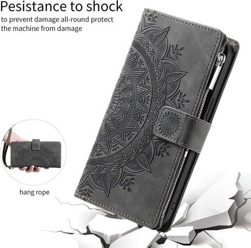 Asuwish Wallet Case for Samsung Galaxy S22 Ultra 5G - Grey Mandala Flower, Zipper Card Holder & Screen Protector.