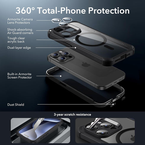 ESR Armor Series Case Set for iPhone 15 Pro Max, Clear Black, Military-Grade, Scratch Resistant, MagSafe Compatible,