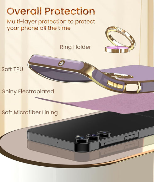 Dretal Galaxy A15 5G Case - Slim TPU, Screen Protector, 360° Rotatable Ring Holder, Magnetic Kickstand, Gold Edge