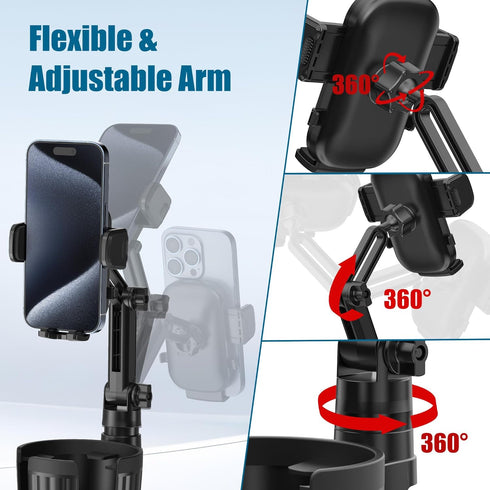 Cup Holder Phone Mount for Car, 2 in 1 Expandable Base, 360 Degree Rotating Neck, Fits 4-7” Smartphones