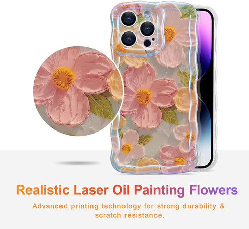 EYZUTAK Case for iPhone 14 Pro Max, Colorful Retro Oil Painting Printed Flower Laser Glossy Pattern Cute Curly Wave Edge Exquisite Stylish Durable TPU Protective Phone Cover for Girls Women-Green