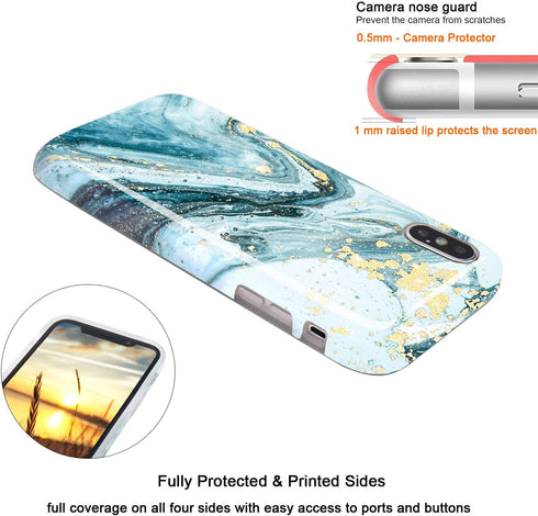 JIAXIUFEN Compatible iPhone X iPhone Xs Case, Gold Sparkle Glitter Blue Marble Slim Shockproof Cover