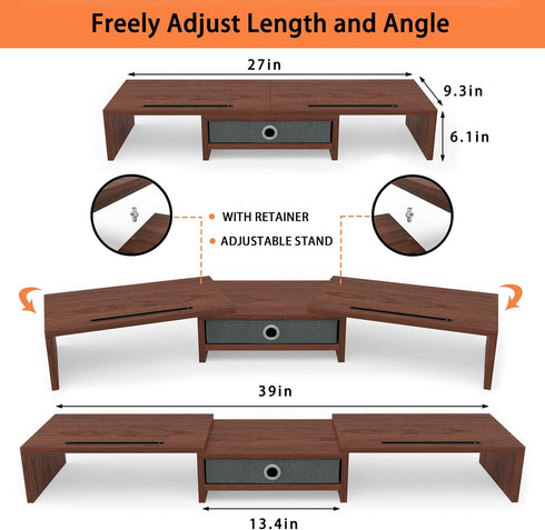 2 WESTREE Dual Monitor Stand Riser with Drawer - Adjustable Length and Angle, Phone Hold, Desktop Organizer