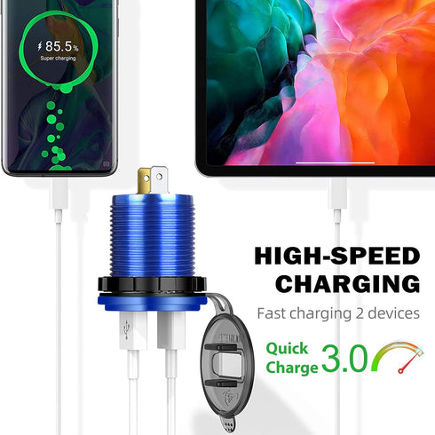 12V-24V USB Charger, Dual Port QC 3.0 Fast Charging, Waterproof & Dustproof for Vehicles and Boats