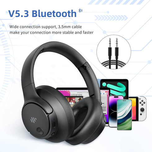 Active Noise Cancelling Headphones, Wireless Over-Ear Bluetooth with Microphone, 70h Play Time, Hi-Res Audio