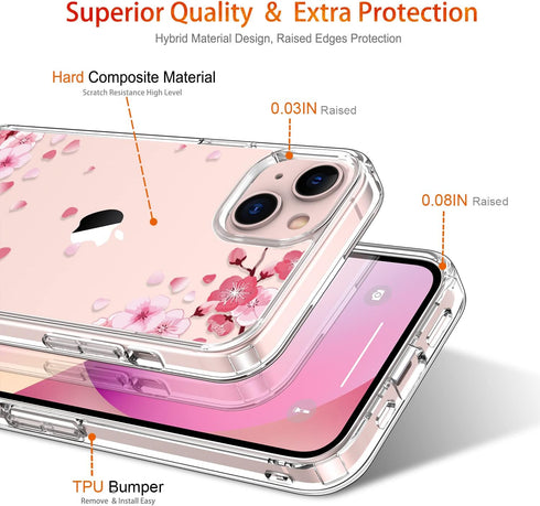 GiiKa iPhone 13 Case with Screen Protector, Clear Floral Shockproof Hard Case with TPU Bumper, Pink Floral