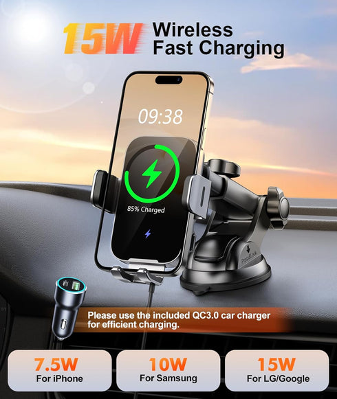 Wireless Car Charger Mount Auto Clamping, 15W Fast Charging Holder for iPhone 15 14 13 12 Pro Max