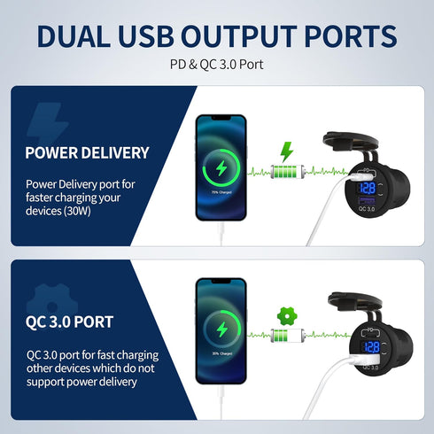 DaierTek 12V USB C Car Charger Socket, 48W PD Type C & QC 3.0 Dual USB Charging Socket Port Waterproof with Voltmeter