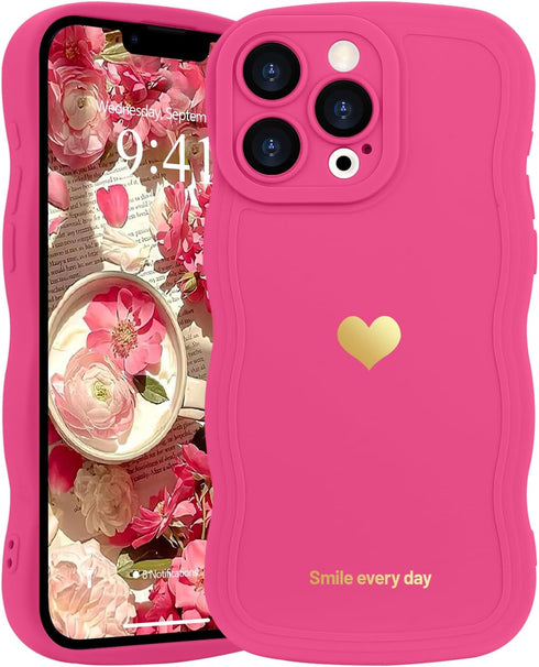 Cute Heart Simple Wave Frame Case for iPhone 13 Pro, Aesthetic Design Solid Color TPU Silicone Slim Cover (Rose Red)