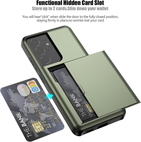 Nvollnoe for Samsung S21 Ultra Case with Card Holder Dual Layer Heavy Duty Protective Galaxy S21 Ultra Case Hidden Card Slot Slim Wallet Case for Samsung S21 Ultra(Green)