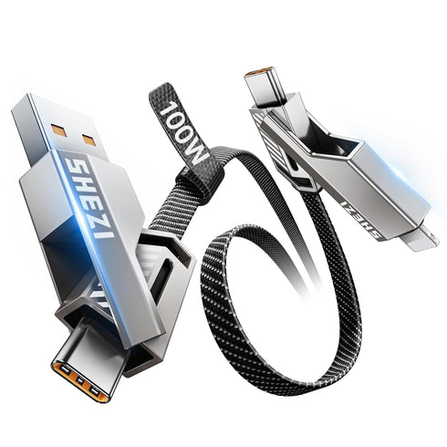 4-in-1 5FT 100W USB C Cable Lightning Fast Charging, Flat Nylon Braided for iPhone iPad, Multi Charge Cable