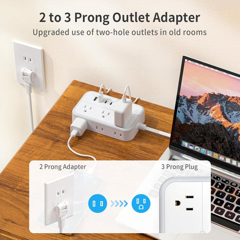 NTONPOWER 15 FT Extension Cord, 1875W Two Prong to Three Prong Adapter, 4 USB Ports, Surge Protector for Old House