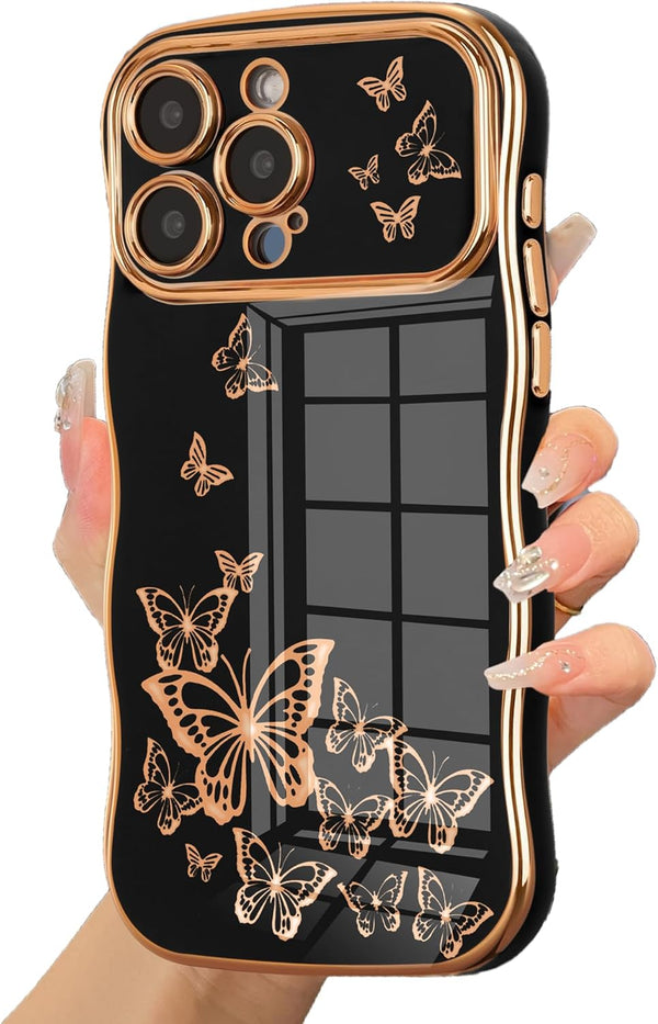 ZTOFERA Cute Curly Wave Frame Case for iPhone 13 Pro Max, Luxury Plating Butterfly Pattern, Soft TPU Shockproof (Black)