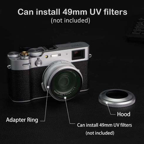 Haoge LH-X51W Ultra-Thin 2in1 All Metal Lens Hood with Adapter Ring Set for Fuji X100VI X100V Camera - Silver