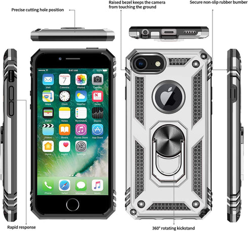 LeYi Compatible Case for iPhone 8/7/6s/6 (2 Pack), Silver with Tempered Glass Screen Protector & Kickstand
