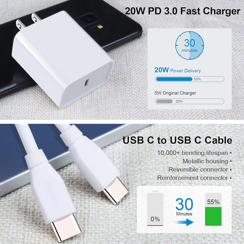 USB C Fast Charger for Google Pixel 9a, 9 Pro, XL, Fold 9, 20W 3A PD Power Adapter with 6FT Type C to C Cable