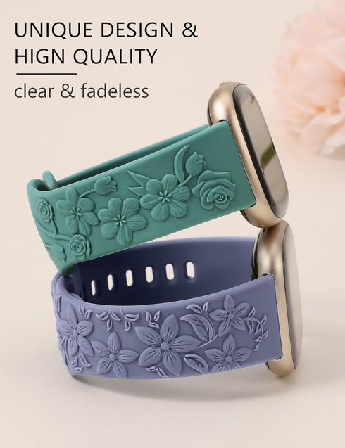 Minyee 2 Pack Floral Engraved Band Compatible with Fitbit Versa 4/Versa 3/Sense 2/Sense Band Women, Cute Embossed Silicone Wildflower Rose Design Soft Sport Fancy Summer Replacement Strap for Versa 4
