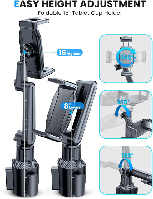 eSamcore Tablet Holder for Car, iPad Cup Holder Mount with 1.57" Depth Large Clamp, 15" Height Adjustable for 6"-12.9"