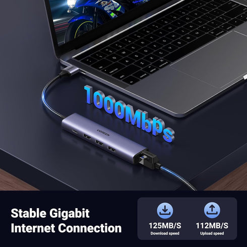UGREEN USB to Ethernet Adapter, 5 in 1 Hub with Gigabit RJ45, 3 USB 3.0 Ports, USB-C Power for Laptop