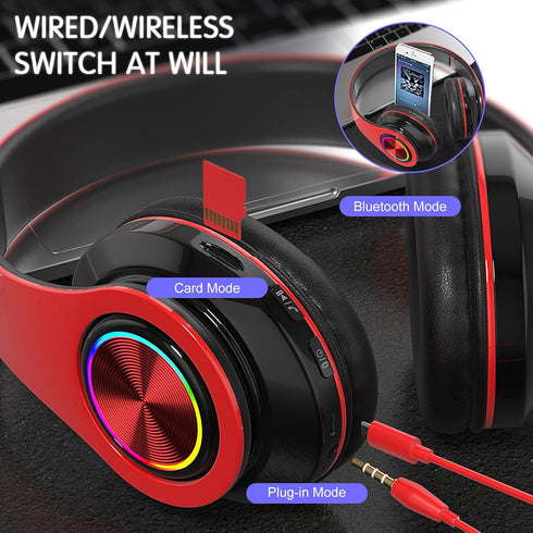 Over Ear Bluetooth Headphones, Foldable LED Stereo Headphones with Built-in Microphone, Noise-Cancelling Wireless