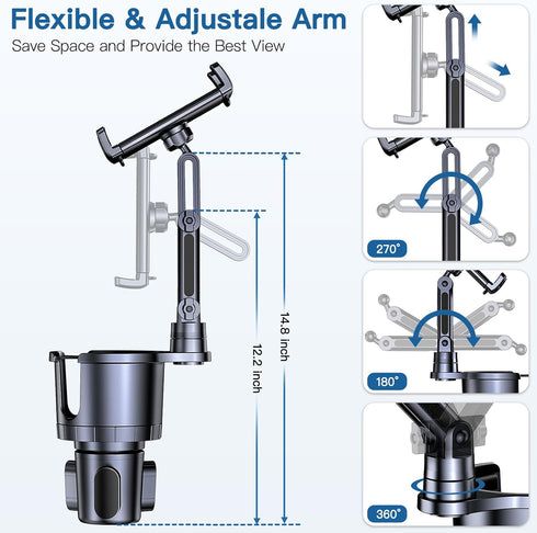 2 in 1 Car Cup Holder Phone Tablet Mount, Adjustable Long Arm with 360° Rotation for All Smartphones and Tablets
