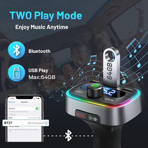 HUNDRUP 5.4 60W Player,7 Bluetooth Car Adapter Charging USB Bluetooth Adapter for Car,Wireless Fm Transmitter