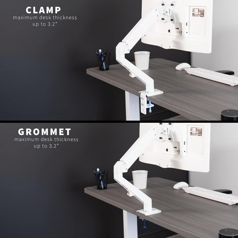VIVO Articulating Single Monitor Stand, 17 to 27 inch Pneumatic Spring Arm Clamp-on Desk Mount, Max VESA 100x100, White
