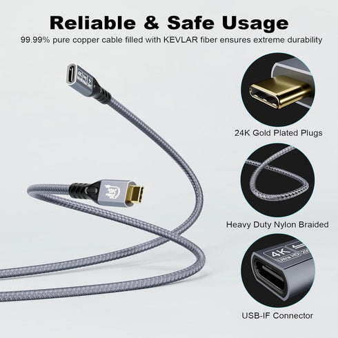 20Gbps USB C 3.2 Extension Cable, Type-C Male to Female Extender for Ultra HD 4K@60Hz 240W Charging