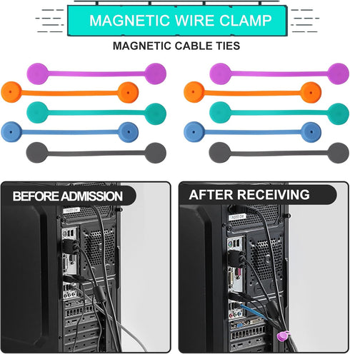 Upgraded Magnetic Cable Holder, 10Pcs Multicolor Silicone Cord Ties, Twist Ties, Cable Management Clips