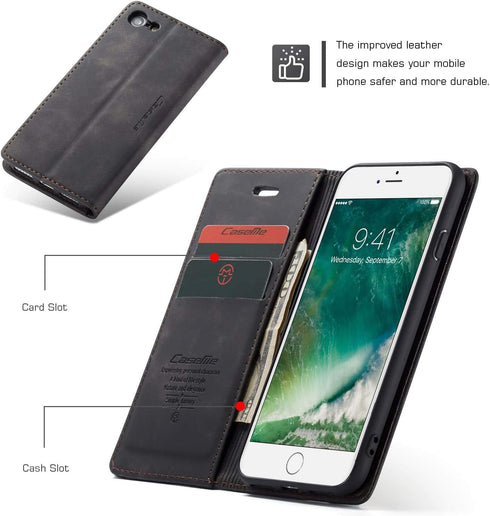 SINIANL Leather Folio Case for iPhone 7/8, Kickstand Credit Card Holder with Magnetic Closure, Black