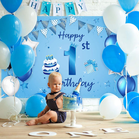 Happy 1st Birthday Backdrop Banner, Blue Newborn Boys First Birthday Photography Background for Baby Shower Party 72.8