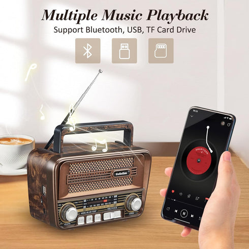 Gelielim Portable Radio AM FM, Retro Bluetooth 5.3 Speaker, Shortwave Radio, Battery Powered Radio, Support TF