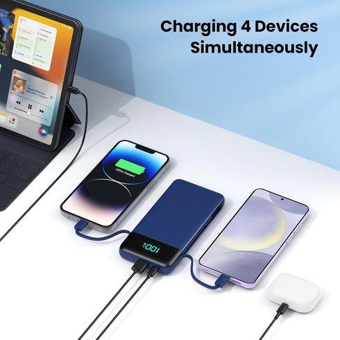 Portable Charger for iPhone, Built-in Cables and Wall Plug, 13800mAh Fast Charging USB C Power Bank, Blue