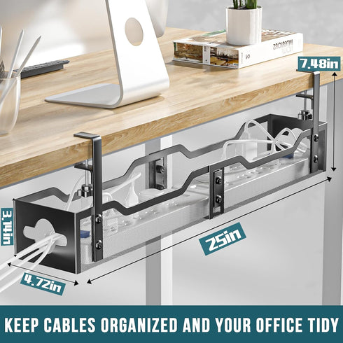 Under Desk Cable Management Tray - Litwaro 25'' Metal Cable Tray with Clamp for Desk Wire Management