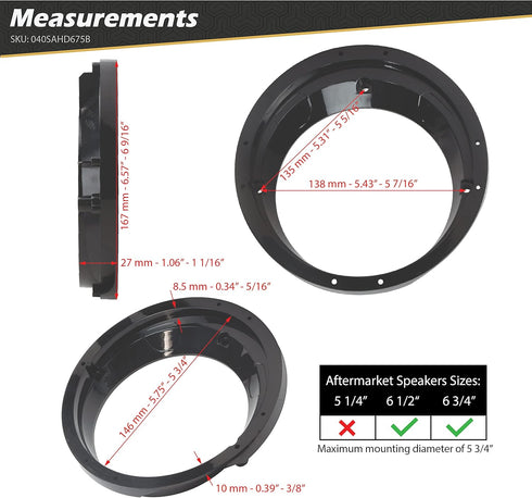 Scosche 6.5” - 6.75" Speaker Adapter for Select 1996 to 2013 Harley Davidson Fairing Models (1 Pair) SAHD675B