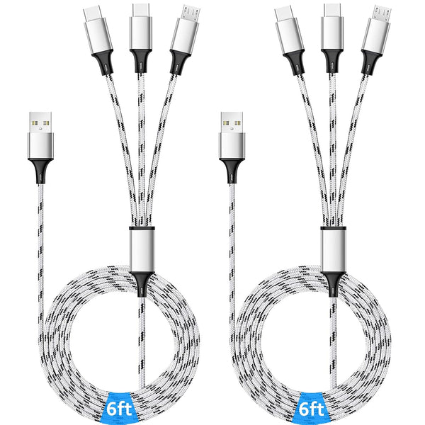 6ft Multi Charging Cable 2-Pack: 3-in-1 Braided USB Cable with Dual Type C & Micro USB for Cell Phones & Android